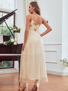 亮片拼接蜻蜓刺繡網紗超長吊帶裙伴娘禮服