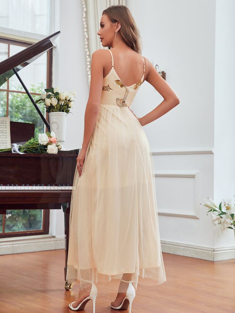 Contrast Sequin Dragonfly Embroidery Mesh Maxi Cami Bridesmaid Dress