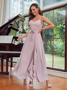 Váy phù dâu Thắt lưng Xù Tách cao màu trơn Hấp dẫn - Bụi hồng - Xem 3