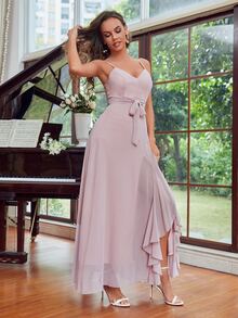 Váy phù dâu Thắt lưng Xù Tách cao màu trơn Hấp dẫn - Bụi hồng - Xem 4