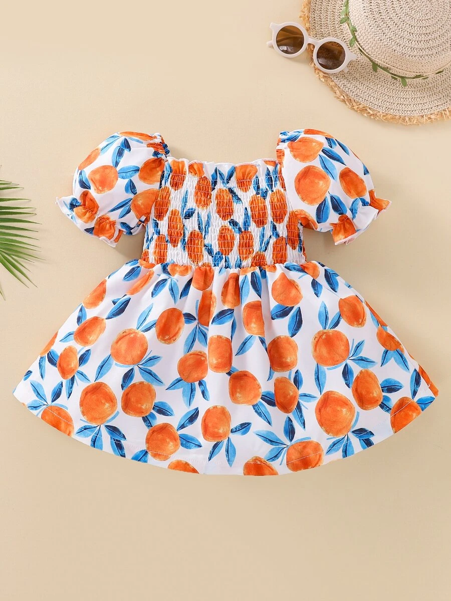 Đầm em bé viền lá sen Dải chun Rau quả Tất cả trên in Boho - Nhiều màu - Xem 1