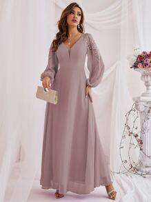Contrast Lace Bishop Sleeve Bridesmaid Dress - Dusty Purple - View 1