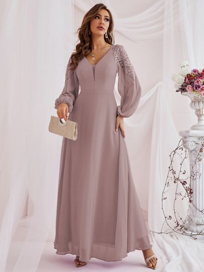 Contrast Lace Bishop Sleeve Bridesmaid Dress