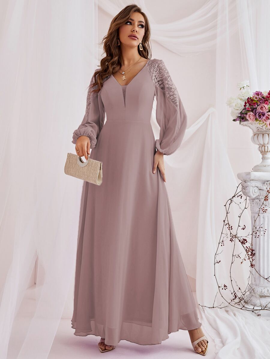 Contrast Lace Bishop Sleeve Bridesmaid Dress - Dusty Purple - View 1