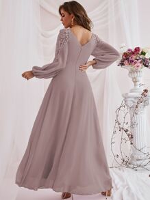Contrast Lace Bishop Sleeve Bridesmaid Dress - Dusty Purple - View 2
