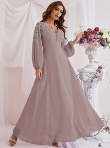 Contrast Lace Bishop Sleeve Bridesmaid Dress - Dusty Purple - View 5