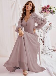 Contrast Lace Bishop Sleeve Bridesmaid Dress - Dusty Purple - View 6