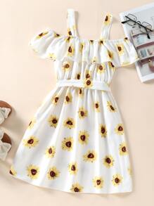SHEIN Tween Girl Allover Floral Print Cold Shoulder Ruffle Trim Belted Dress - White - View 2