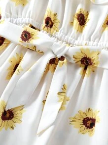 SHEIN Tween Girl Allover Floral Print Cold Shoulder Ruffle Trim Belted Dress - White - View 3