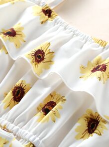 SHEIN Tween Girl Allover Floral Print Cold Shoulder Ruffle Trim Belted Dress - White - View 4