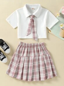 SHEIN 女孩素色上衣和格紋印花百褶半身裙和領帶 - 彩色 - 查看 1
