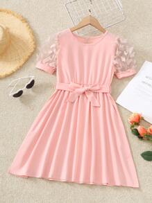 Girls Butterfly Appliques Mesh Insert Puff Sleeve Belted Dress - Baby Pink - View 1