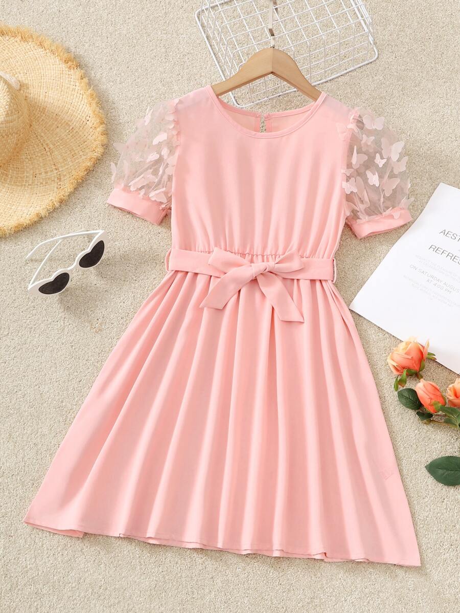 Girls Butterfly Appliques Mesh Insert Puff Sleeve Belted Dress - Baby Pink - View 1