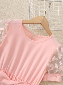 Girls Butterfly Appliques Mesh Insert Puff Sleeve Belted Dress - Baby Pink - View 3
