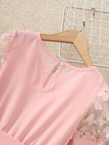 Girls Butterfly Appliques Mesh Insert Puff Sleeve Belted Dress - Baby Pink - View 5