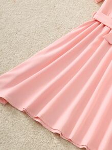 Girls Butterfly Appliques Mesh Insert Puff Sleeve Belted Dress - Baby Pink - View 6