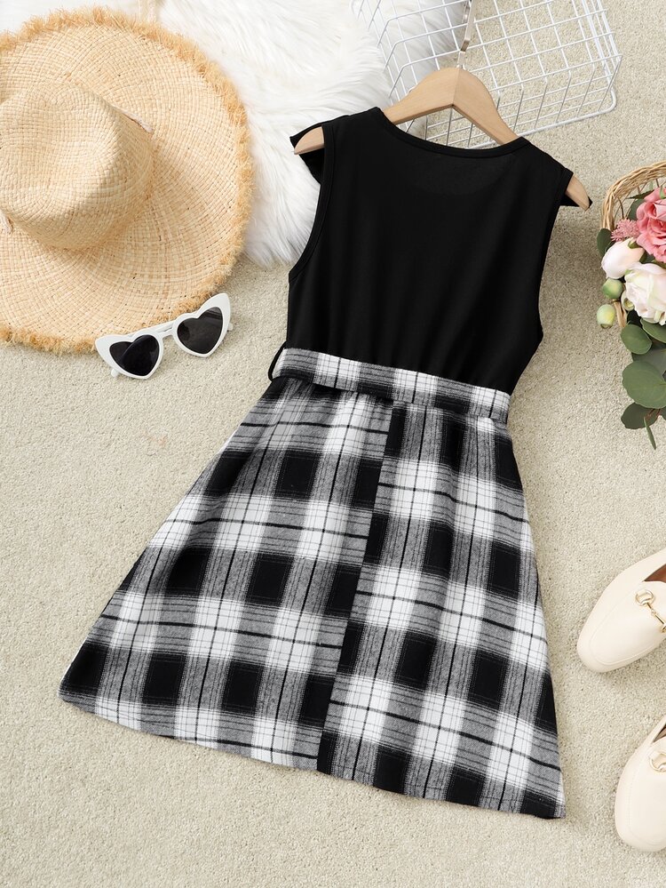 Tween Girl Plaid & Cartoon Graphic Ruffle Trim Belted Dress