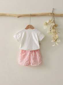 小女童字母和桃子印花T恤和大格紋短褲套裝 - 彩色 - 查看 2