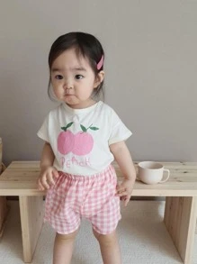 小女童字母和桃子印花T恤和大格紋短褲套裝 - 彩色 - 查看 3