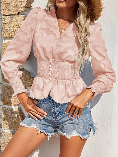 ジャガード シール ランタンスリーブ ペプラムブラウス