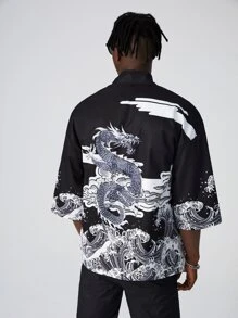 Manfinity 男士龍和波浪印花和服罩衫 - 彩色 - 查看 1