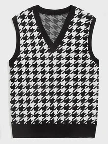 Manfinity RebelGame Men Contrast Trim Houndstooth Sweater Vest - Black and White - View 3