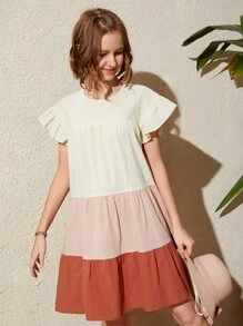 SHEIN Leap Crew Teen Girls Colour Block Flounce Hem Smock Dress - Multicolor - View 3