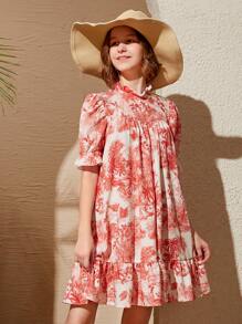 SHEIN 青少年女孩印花荷葉邊連衣裙 - 彩色 - 查看 1