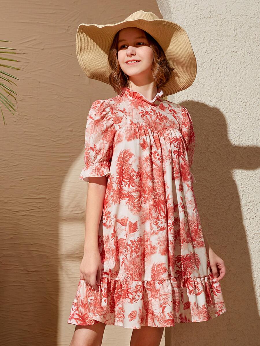 SHEIN 青少年女孩印花荷葉邊連衣裙 - 彩色 - 查看 1