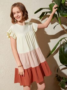SHEIN Leap Crew Teen Girls Colour Block Flounce Hem Smock Dress - Multicolor - View 6