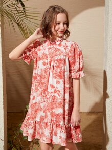 SHEIN 青少年女孩印花荷葉邊連衣裙 - 彩色 - 查看 4