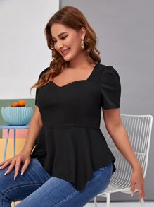 SHEIN Plus Puff Sleeve Hanky Hem Top - Black - View 1