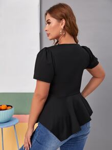 SHEIN Plus Puff Sleeve Hanky Hem Top - Black - View 2