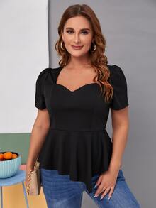 SHEIN Plus Puff Sleeve Hanky Hem Top - Black - View 5