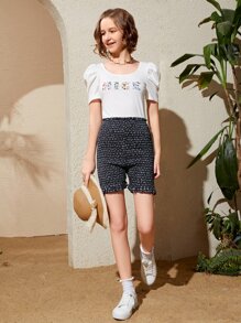 SHEIN 青少年女孩小碎花打褶短褲