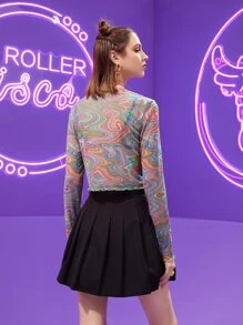 Gina Marie Ratliff Designs Figure & Marble Print Lettuce Trim Sheer Top - Multicolor - View 2