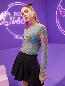 Gina Marie Ratliff Designs Figure & Marble Print Lettuce Trim Sheer Top - Multicolor - View 4