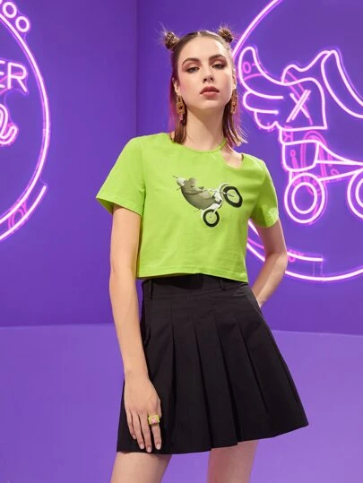 Paula Oliosi 落肩袖卡通和自行車圖案短款T恤