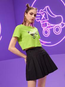 Paula Oliosi 落肩袖卡通和自行車圖案短款T恤 - 青檸色 - 查看 3