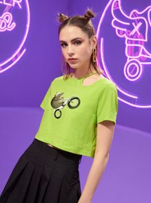 Paula Oliosi 落肩袖卡通和自行車圖案短款T恤 - 青檸色 - 查看 6