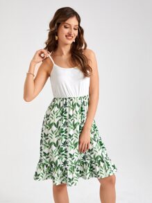 樹葉印花荷葉邊吊帶連衣裙 - 彩色 - 查看 1