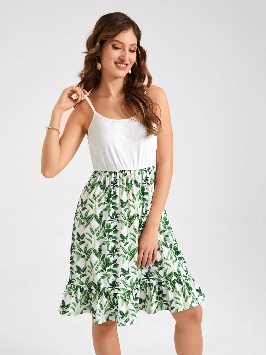 樹葉印花荷葉邊吊帶連衣裙 - 彩色 - 查看 1