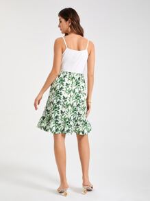 樹葉印花荷葉邊吊帶連衣裙 - 彩色 - 查看 2