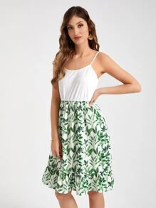 樹葉印花荷葉邊吊帶連衣裙 - 彩色 - 查看 5