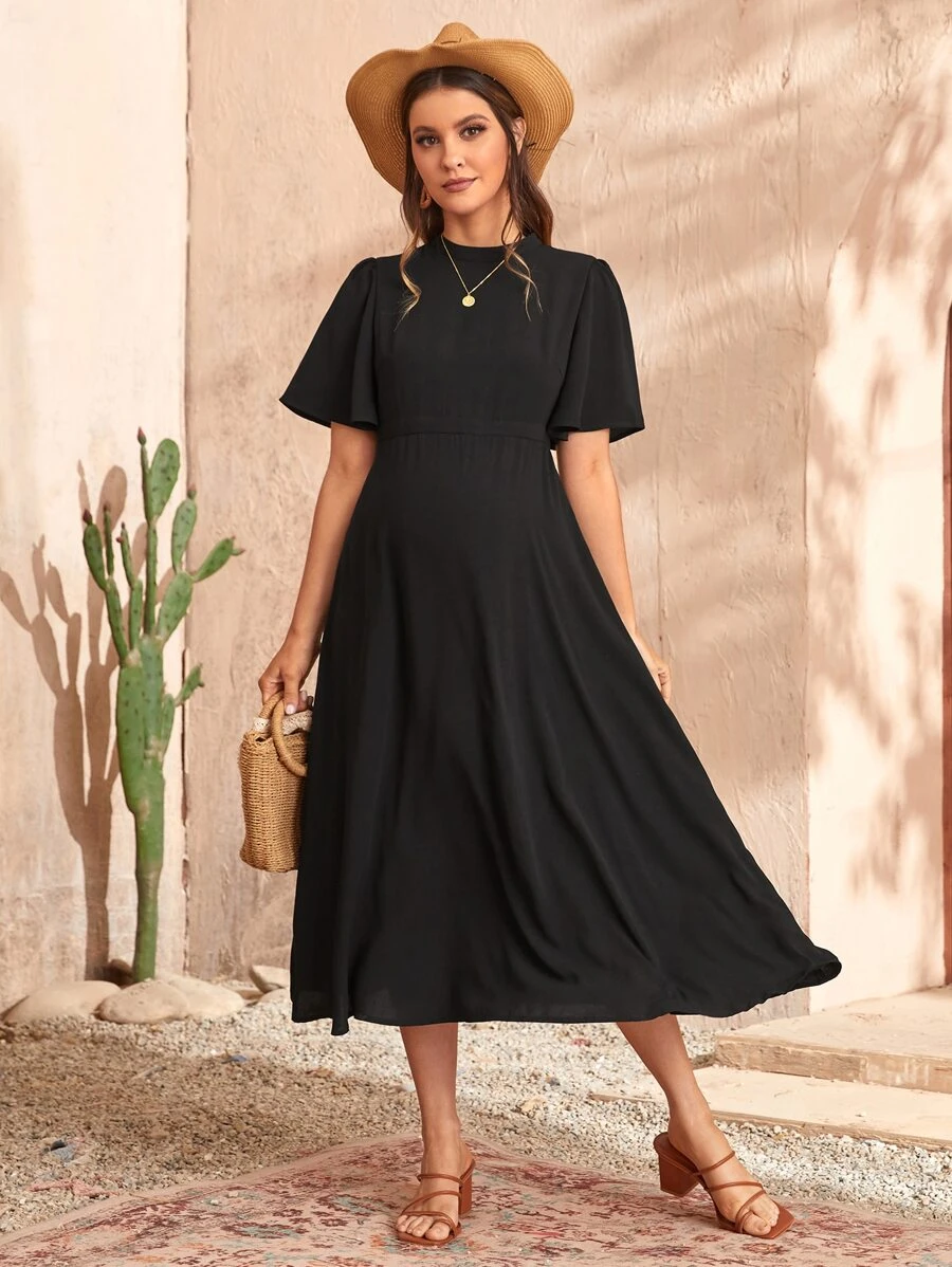 SHEIN Maternity Solid Butterfly Sleeve Dress - Black - View 1