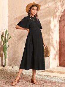 SHEIN Maternity Solid Butterfly Sleeve Dress - Black - View 3