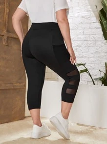 SHEIN LUNE Plus Mesh Panel Phone Pocket Leggings - Black - View 2
