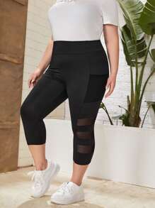 SHEIN LUNE Plus Mesh Panel Phone Pocket Leggings - Black - View 3