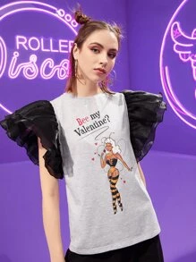 Amy Fitz Art 標語和人物圖案蝴蝶袖上衣 - 淺灰色 - 查看 1