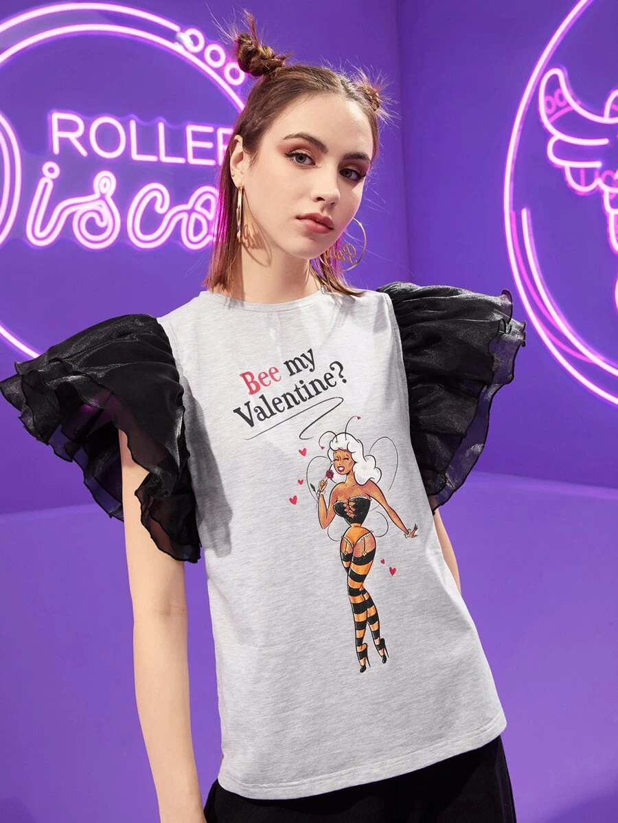 Amy Fitz Art 標語和人物圖案蝴蝶袖上衣 - 淺灰色 - 查看 1